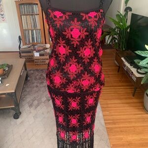 René Derhy Vintage floral tassel knitted tank top and skirt set